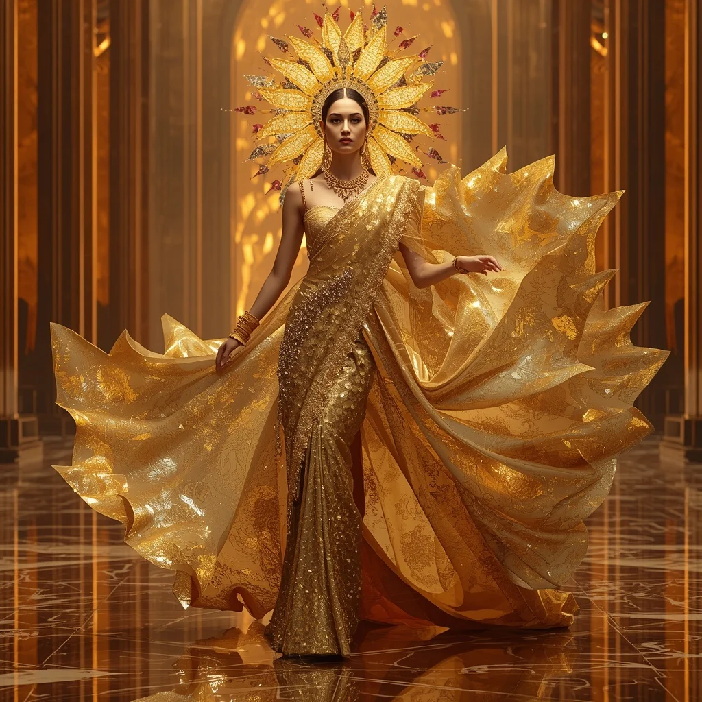 Giant Golden Galaxy Flame Halo Saree with Futuristic Royal Cathedral | Saree Girl Ai Prompt
