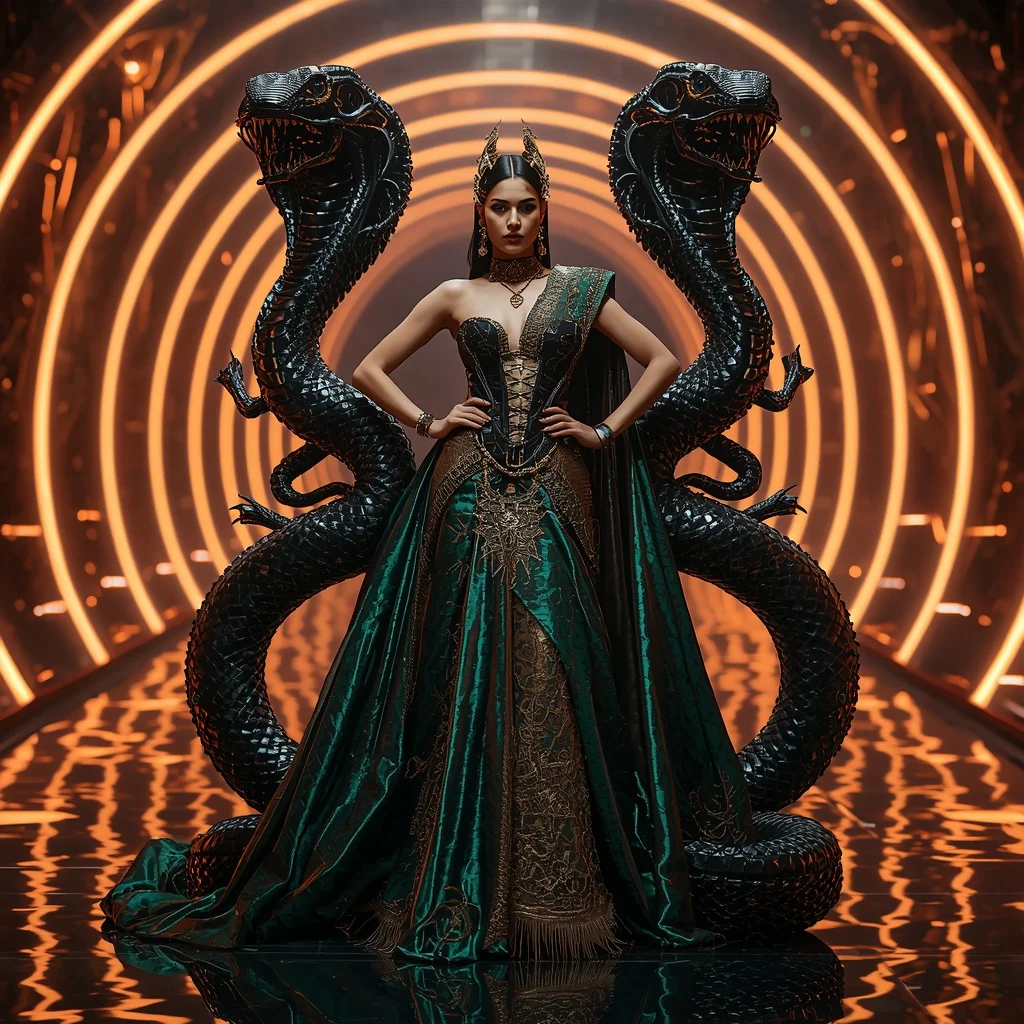 Giant Mechanical Cobra Queen Saree with Cyber Inferno Corridor | Banarasi Saree Ai Prompt