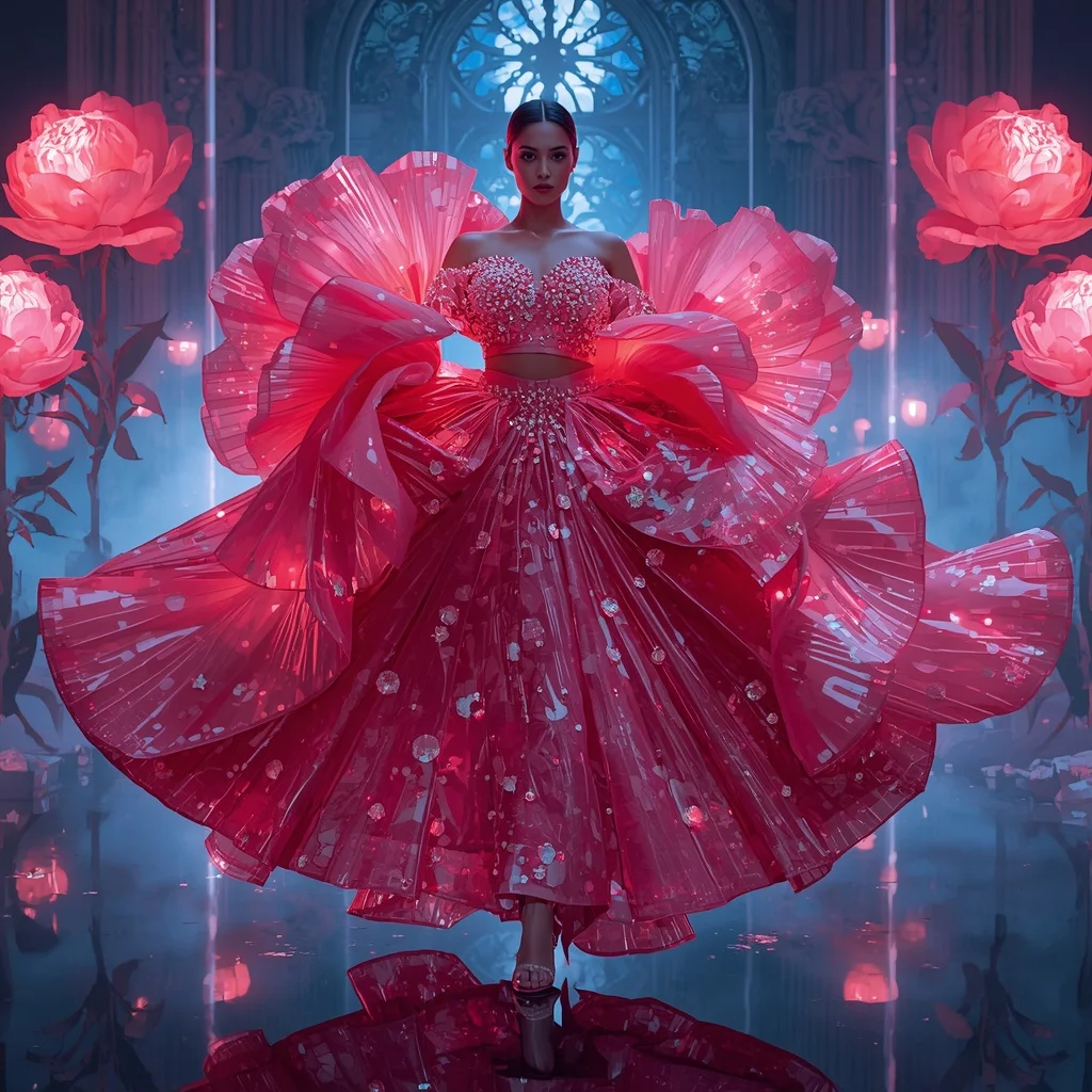 Giant Neon Peony Prism Saree with Fantasy Glow Cathedral Garden | Trending Prompt