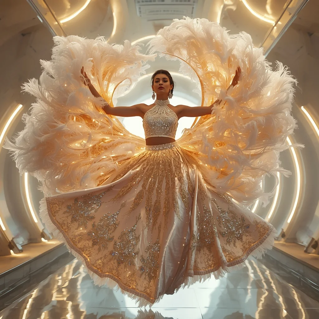 Giant Pearl Moon Flame Saree with Floating Celestial Palace | Text To Image Prompt