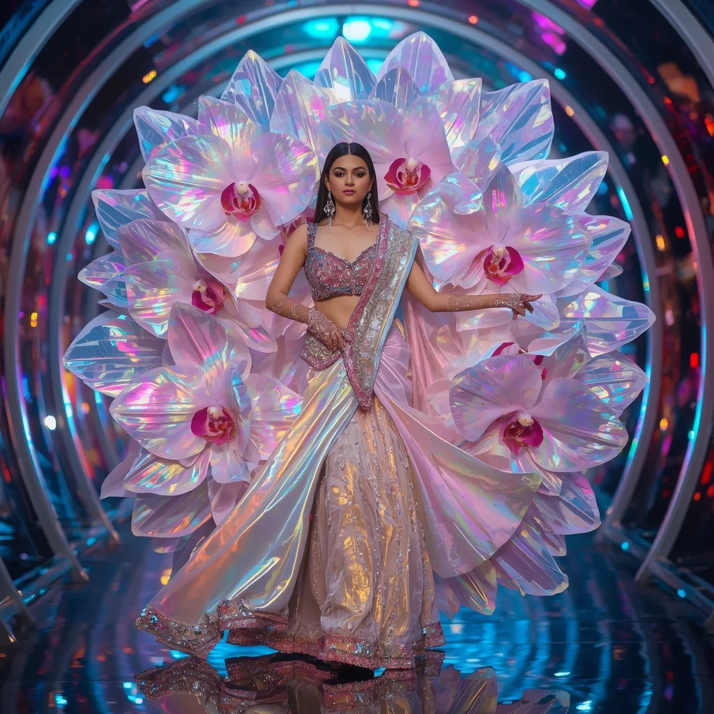 Giant Prism Orchid Saree with Aurora Reflection Corridor | Haldi Ceremony Ai Prompt