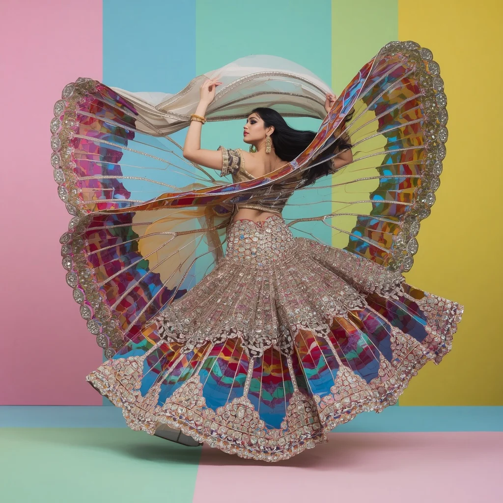 Giant Stained Glass & Platinum Butterfly Saree Couture with Twisting Tornado Pose | Grok Ai Prompt