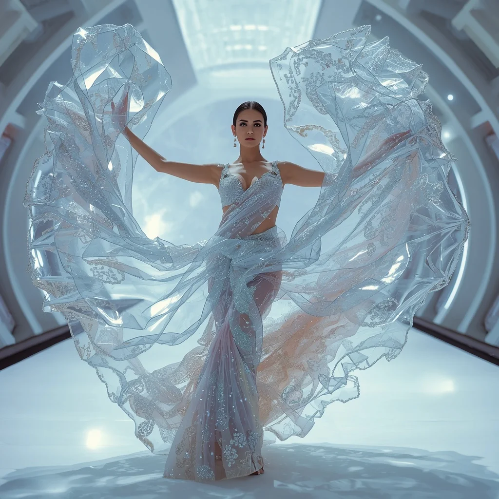 Giant Transparent Cloud Galaxy Saree with Floating White Infinity Palace | Instagram Model Ai Prompt