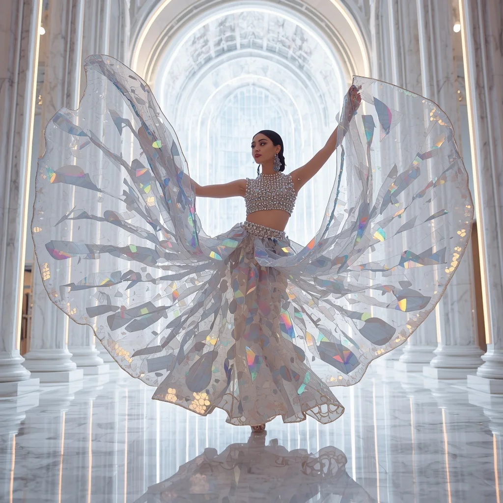 Giant Transparent Crystal Smoke Saree with White Reflection Cathedral | Midjourney Prompt List