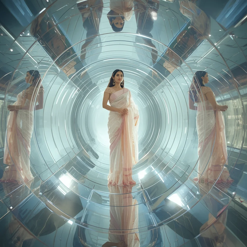 Glass Tunnel Light Reflection Saree Scene | Depth Illusion Prompt | Gemini Ai Prompt Saree Copy Paste