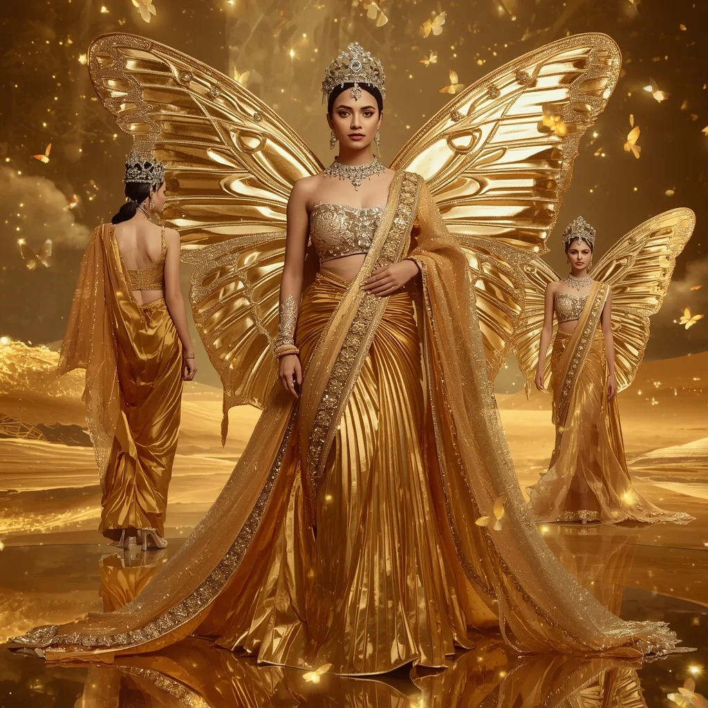 Golden Butterfly Mirage Royale Saree – Royal Multi-Pose Metallic Couture with Jewel Desert Empire Background | Midjourney Prompt List