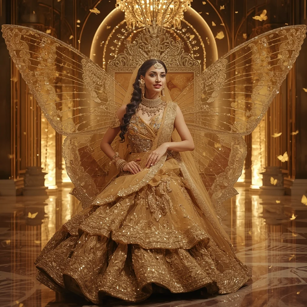 Golden Crystal Butterfly Maharani Saree – Regal Couture with Jewel Throne Pose and Royal Fantasy Palace | Image To Prompt
