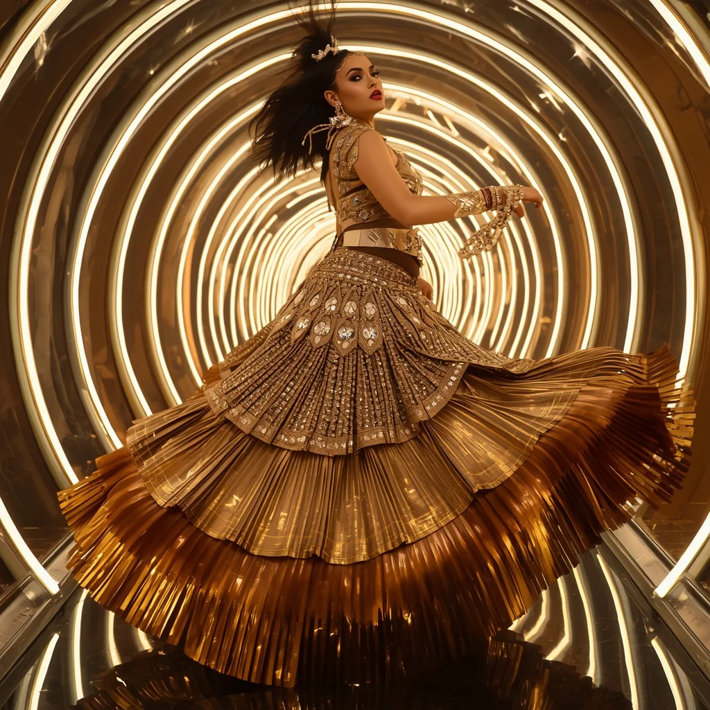 Golden Eclipse Metallic Saree with Neon Spiral Vault | Saree Reel Ai Prompt
