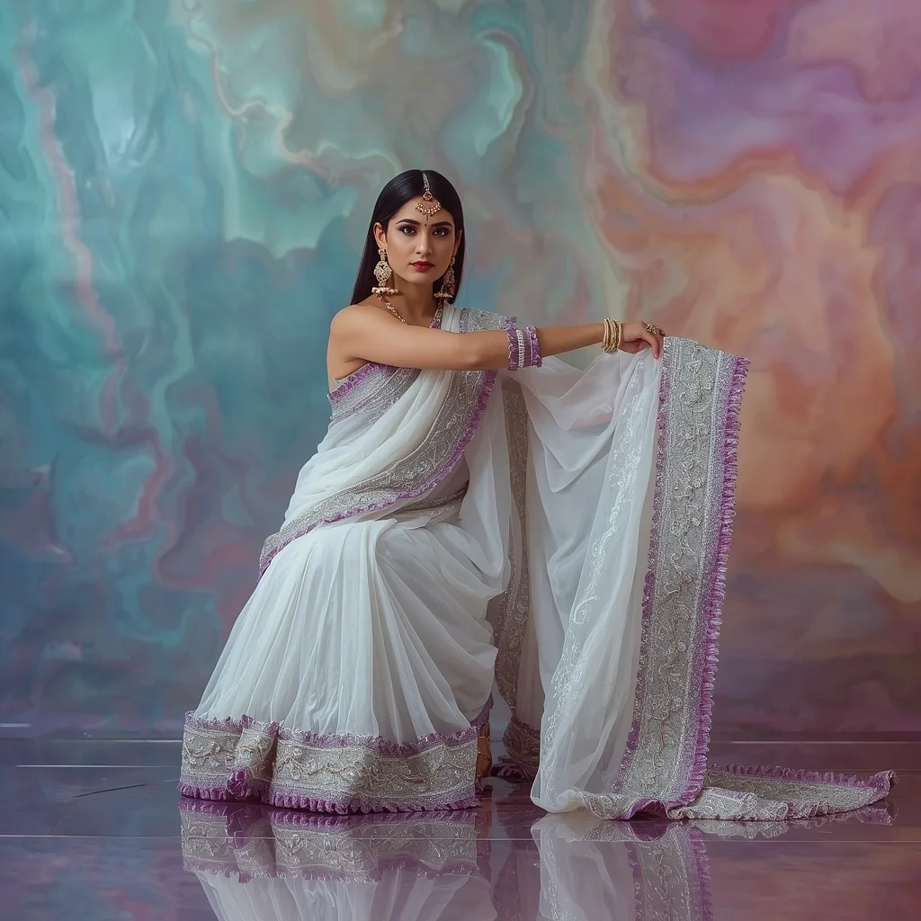 Heavy 3D Liquid Amethyst & Silver Mesh Festival Saree Look | Saree Prompt Text To Image