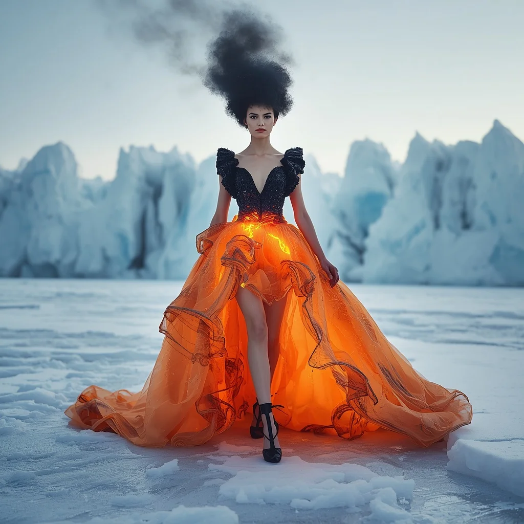 High Fashion Runway Model Wearing an Erupting Volcano Gown on a Glacier | Chatgpt Prompt