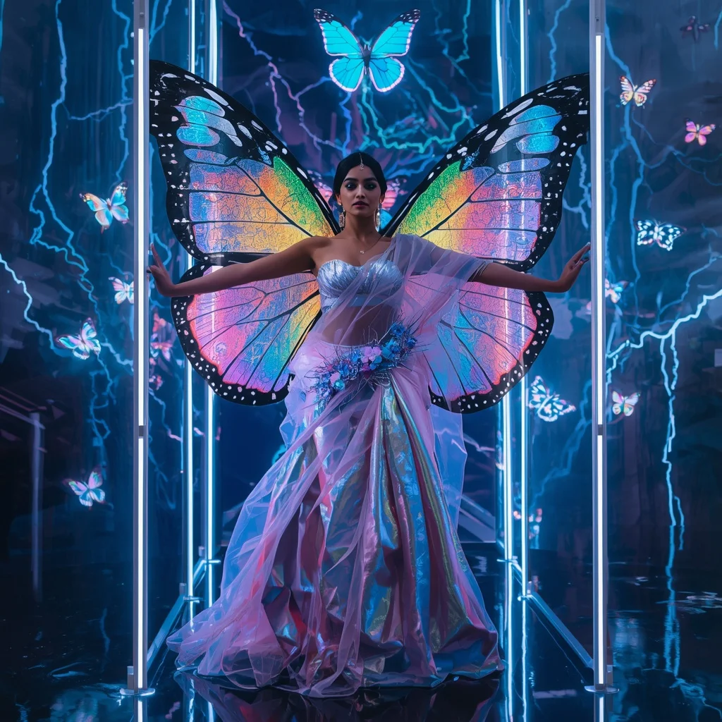 Holographic Butterfly Storm Saree – Futuristic Rainbow Couture with Electric Fantasy Background | Gemini Ai Photo