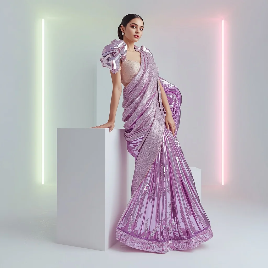 Holographic Lilac Sequin Fancy Festival Saree Look | Instagram Influencer Ai Prompt