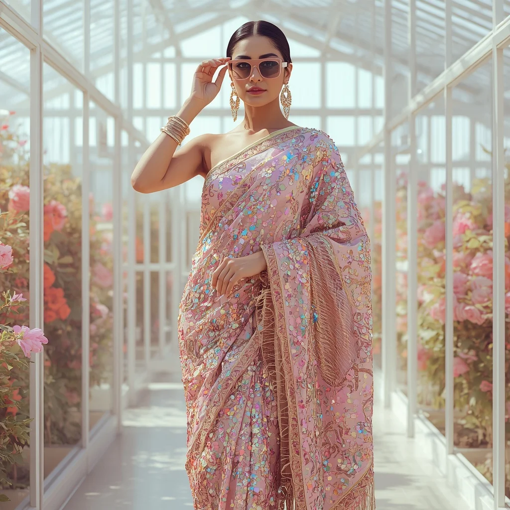 Holographic Rainbow Sequined Festival Saree Modern Look | Lighting Ai Prompt