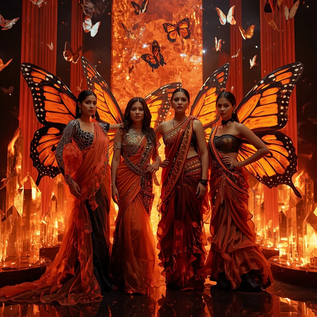 Inferno Butterfly Saree Squad with Fire Prism Kingdom Background | Selfie Prompt