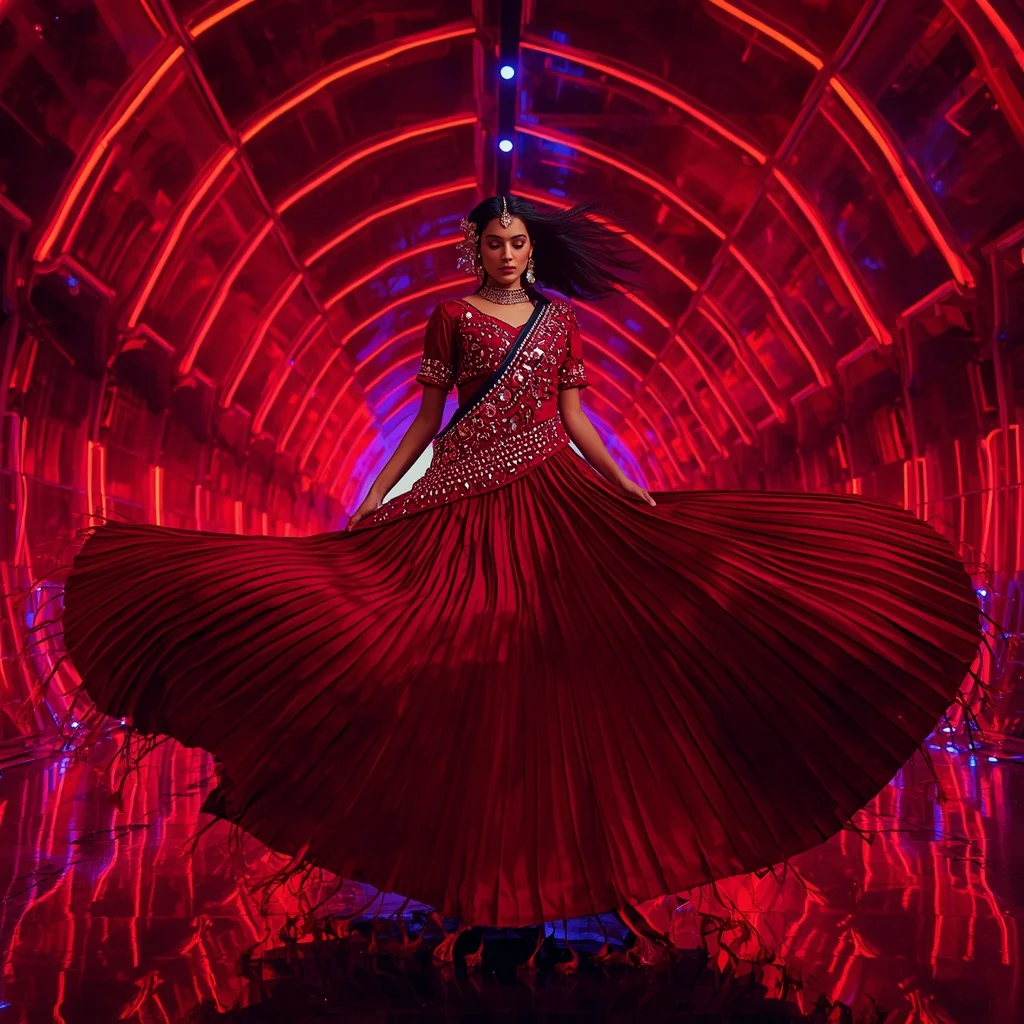 Inferno Ruby Sculpted Saree with Neon Spiral Cathedral | Traditional Saree Prompt In English