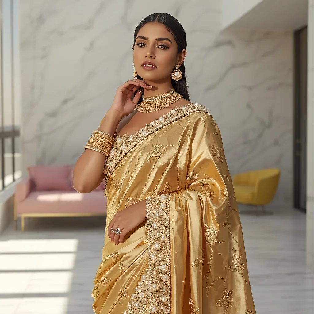 Liquid Gold Metallic Saree Look with 3D Pearl Clusters | Prompt For Gemini