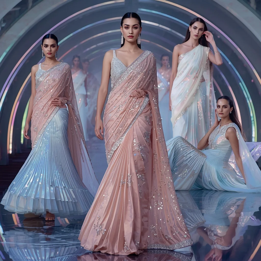 Liquid Opal Couture Saree with Futuristic Arc Lights | Gemini Ai Prompt