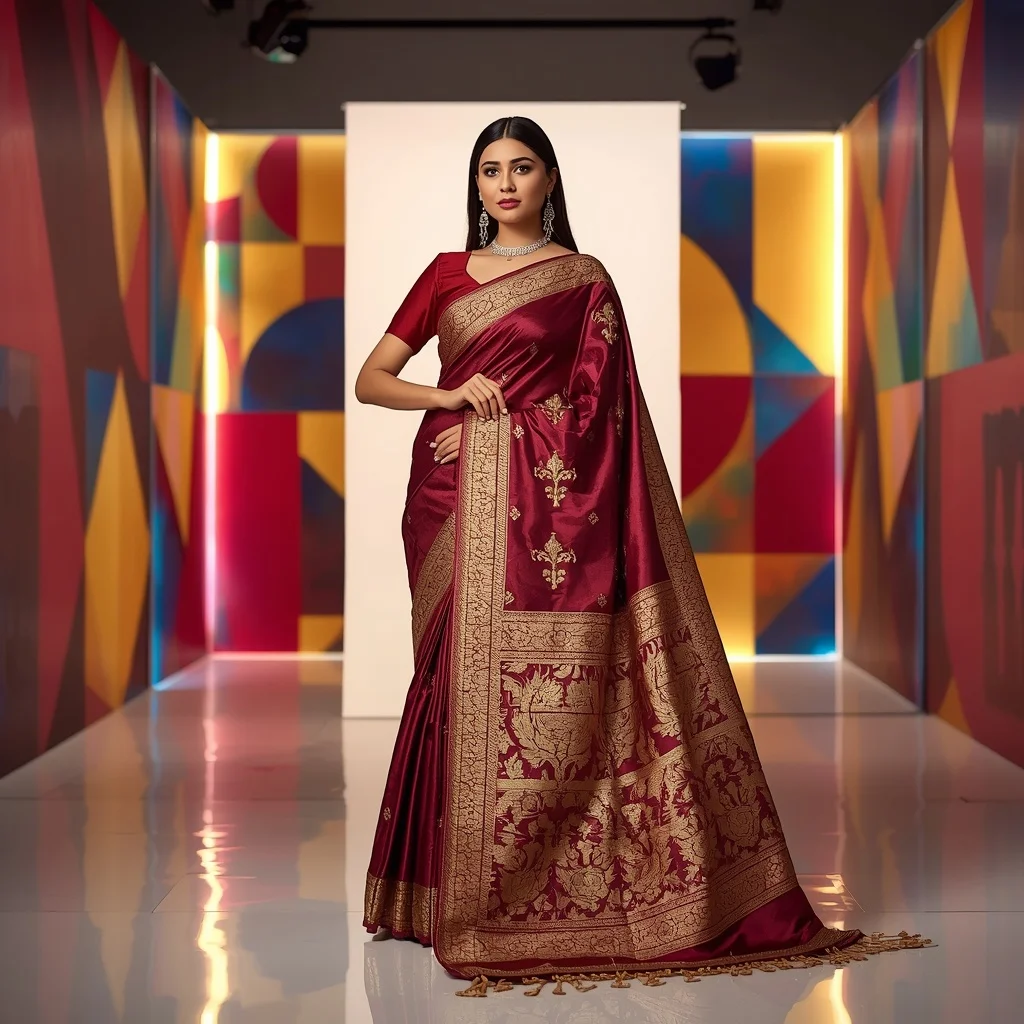 Maroon Heavy Satin and Gold Foil Saree Photography | Indian Girl Ai Prompt