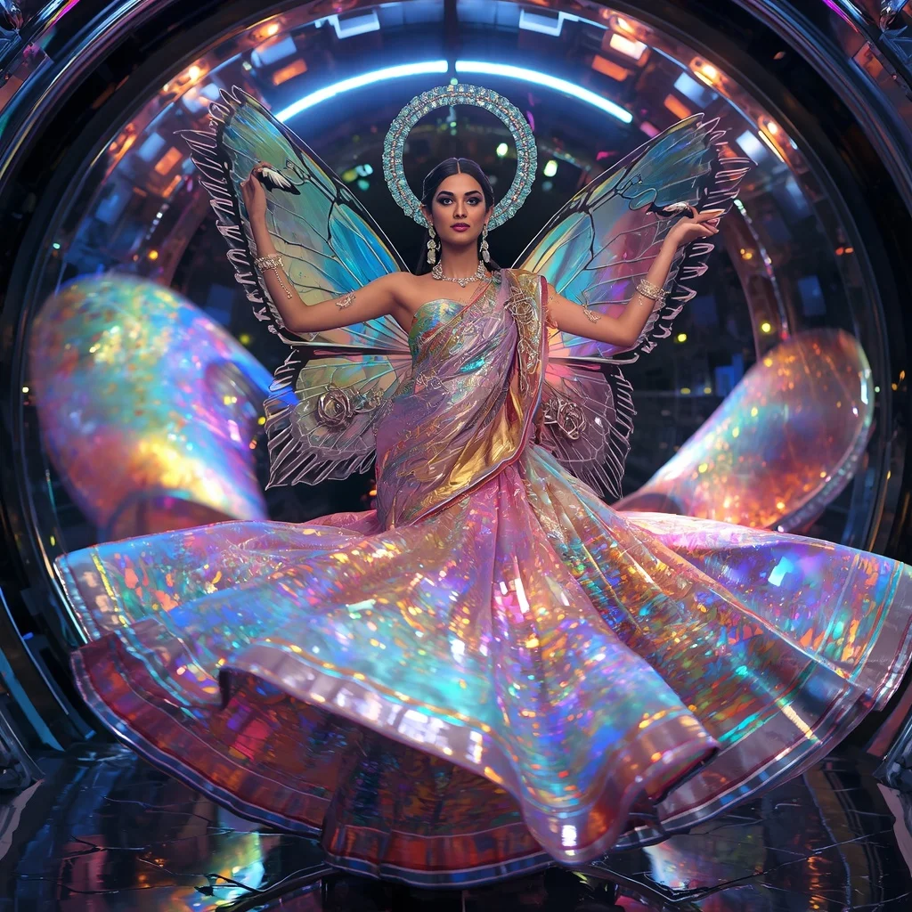 Metallic Butterfly Galaxy Halo Saree with Rainbow Reflection Dome | Ultra Realistic Ai Prompt