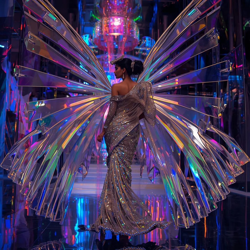 Metallic Butterfly Prism Halo Saree with Rainbow Reflection Fortress | Prompt For Girls College Ai Photo Editing