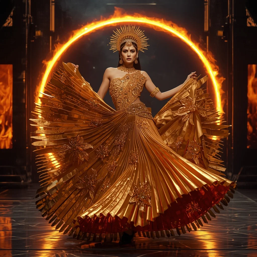 Metallic Solar Flame Crown Saree with Rotating Fire Ring Palace | Style Ai Prompt