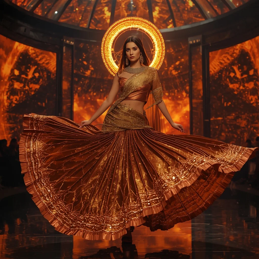 Metallic Solar Flame Halo Saree with Rotating Fire Galaxy Dome | Chatgpt Photo Editing Prompts For Girl In Saree