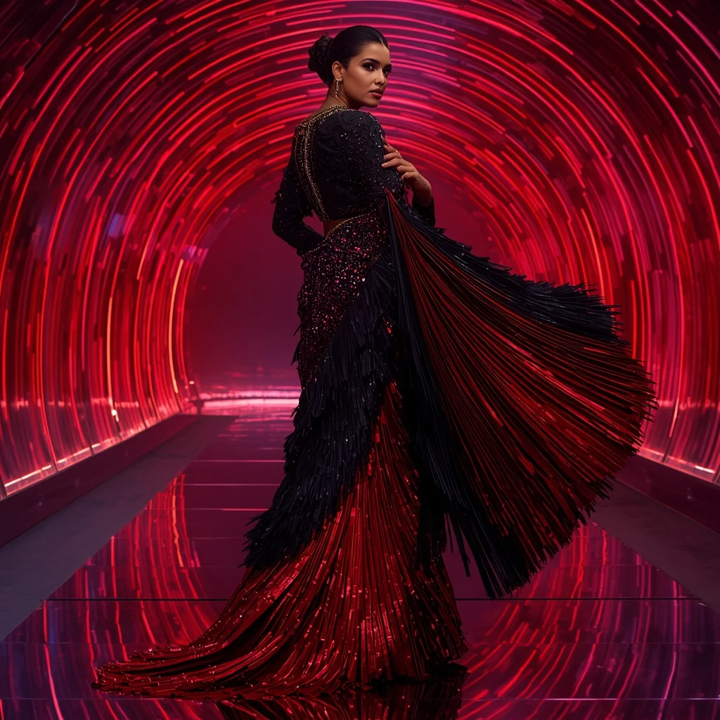 Midnight Lava Crystal Saree with Holographic Infinity Atrium | Traditional Saree Prompt