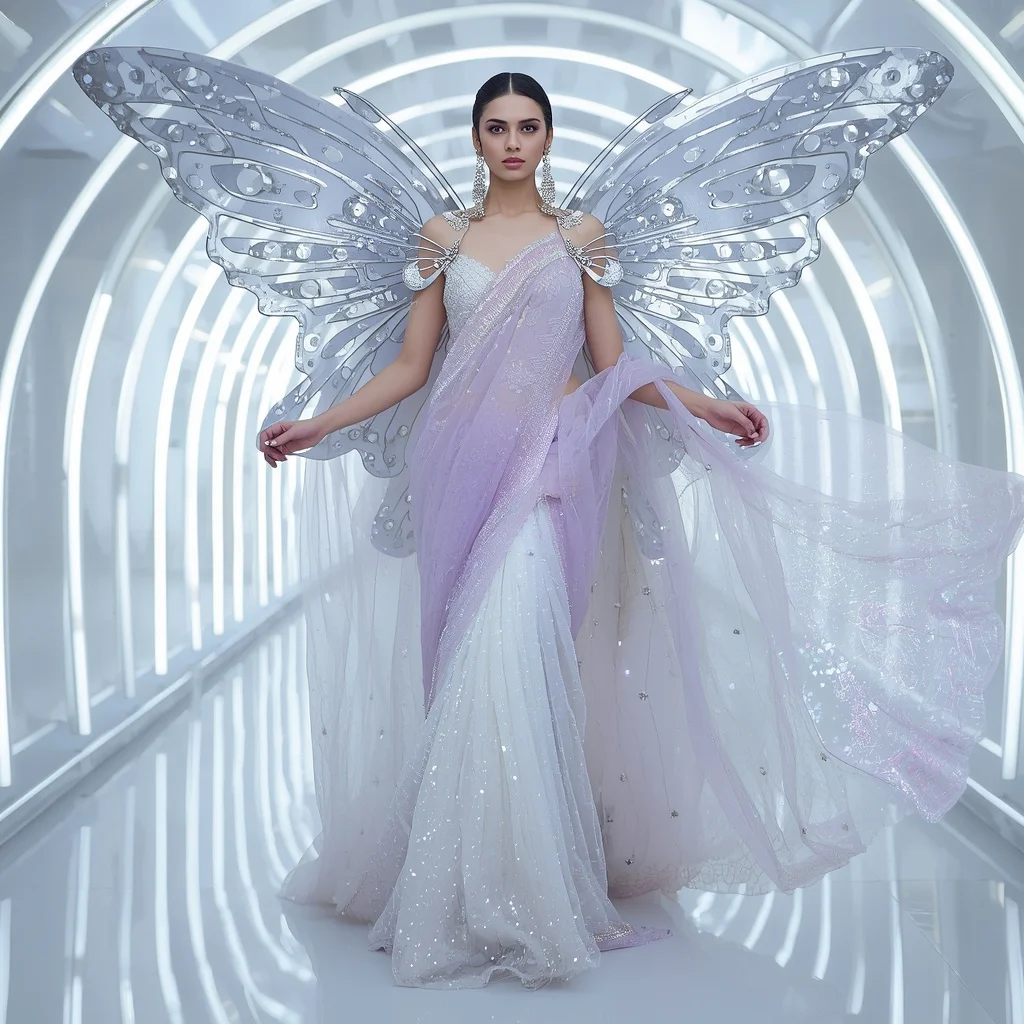 Moon Butterfly Liquid Saree with White Neon Corridor | Desi Girl Ai Prompt