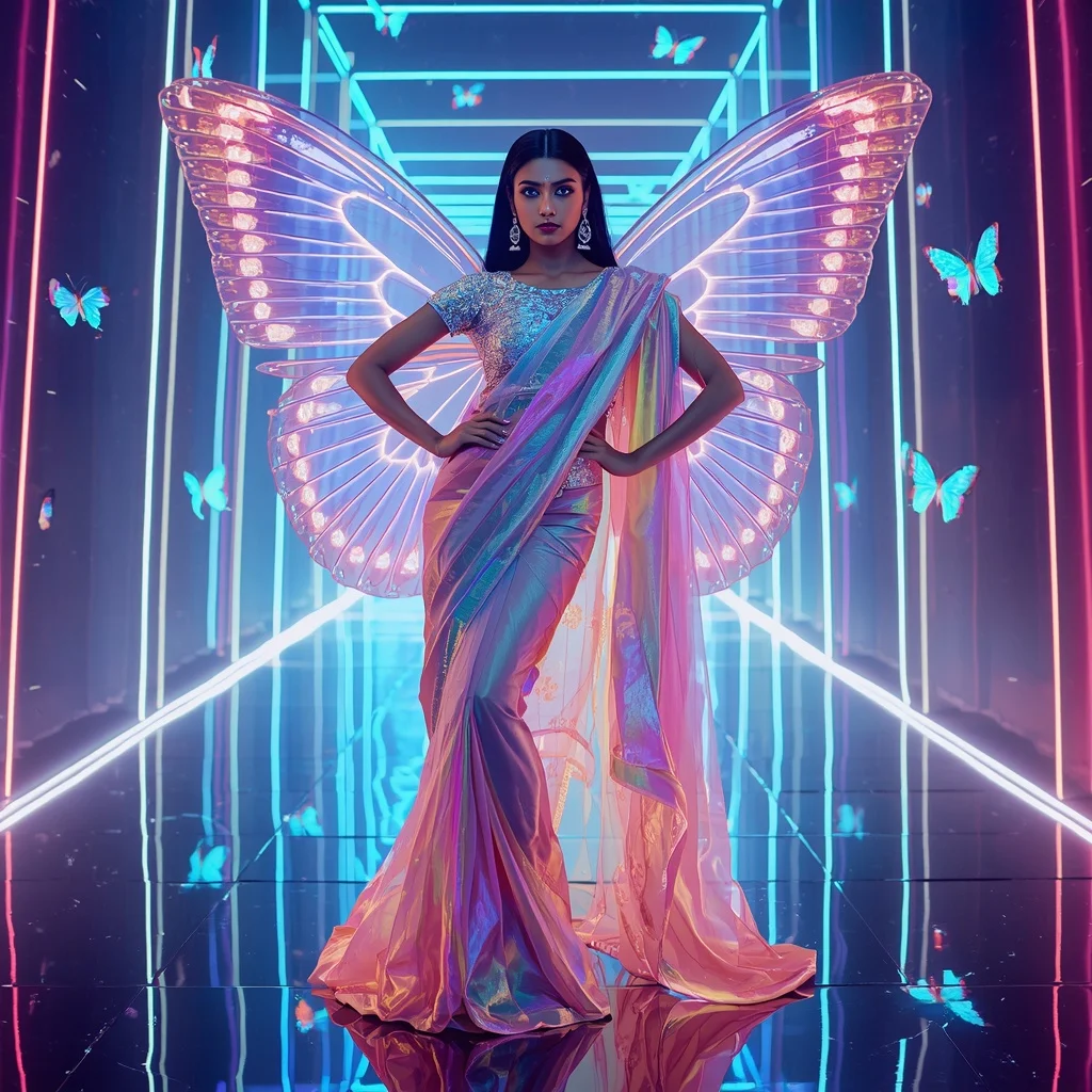 Neon Crystal Butterfly Royale Saree – Futuristic Laser Couture with Cyber Fantasy Pose and Prism Studio Background | Instagram Girl Gemini Prompt