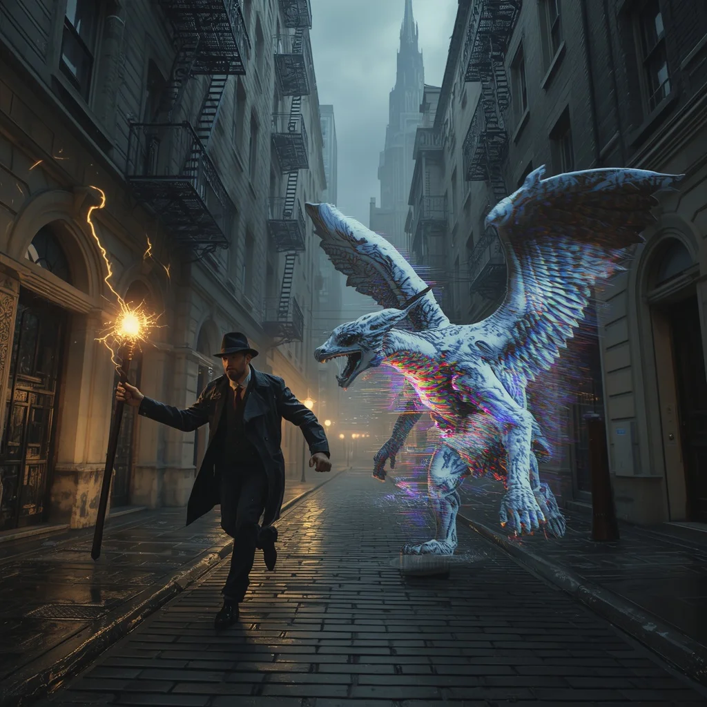 Noir Detectives Wielding Magical Staves Chasing Pixelated Gargoyles Through a Porcelain Cyber-Gothic Megacity | New Ai Prompt For Image Generation Free
