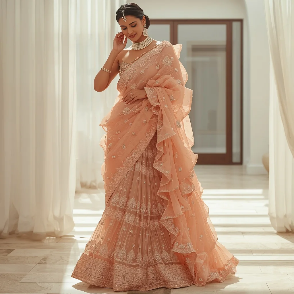 Peach Ruffle Saree with Heavy Pearl and Cut-Dana Work | Image To Prompt