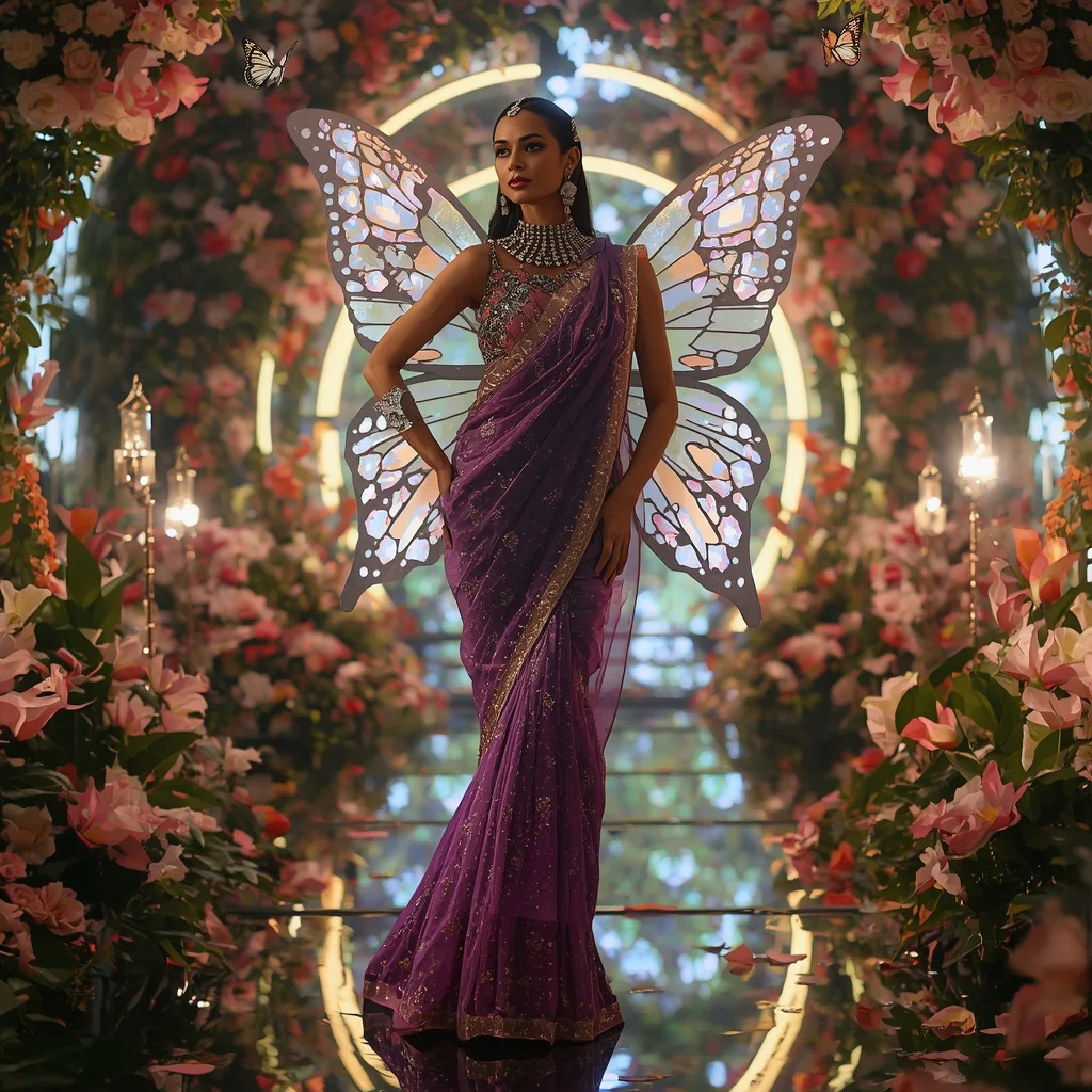 Pearl Galaxy Butterfly Garden Saree – Luxury Floral Crystal Couture with Dreamy Butterfly Pose | Saree Ai Prompt