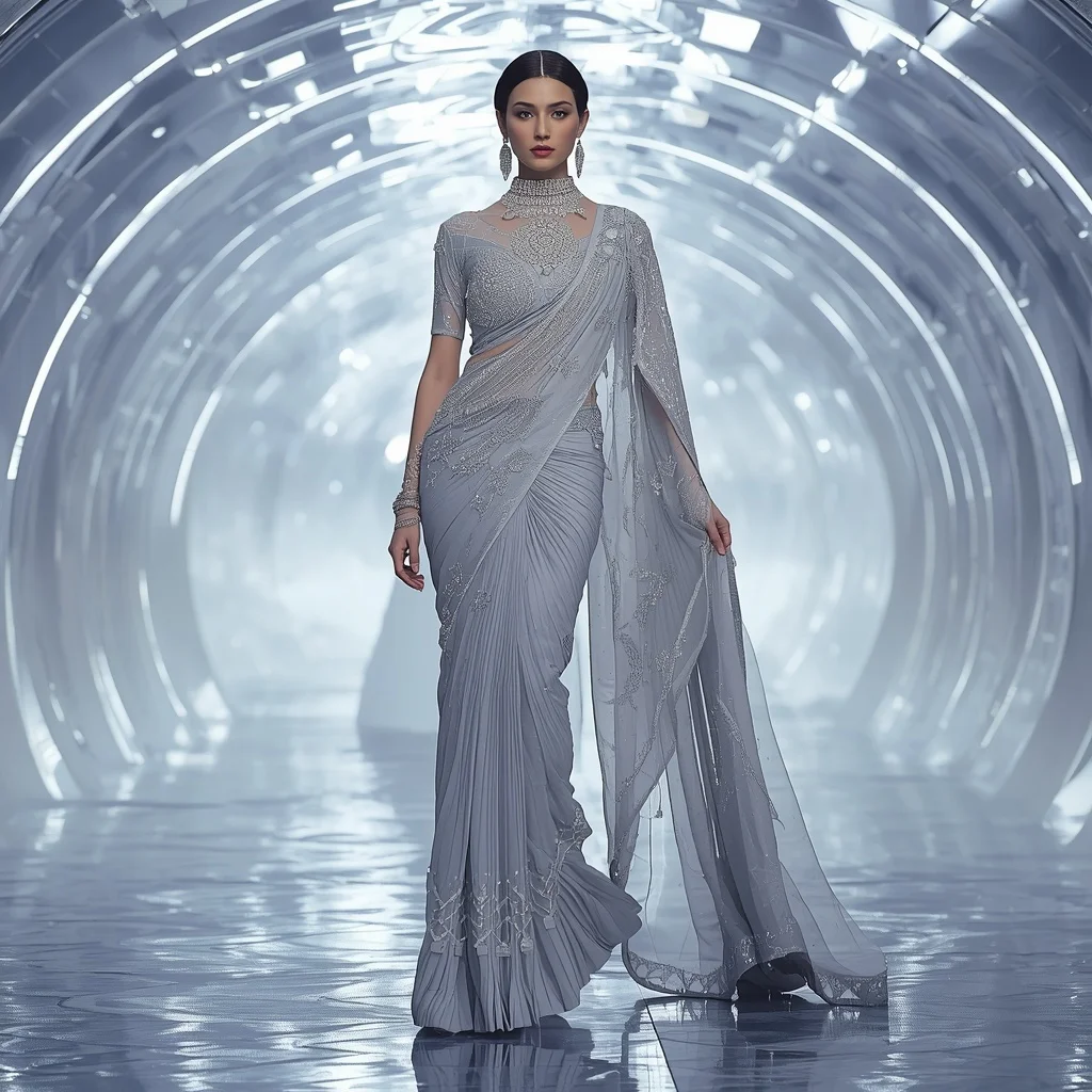 Platinum Frost Celestial Saree with Moon Prism Infinity Hall | Influencers Ai Prompt