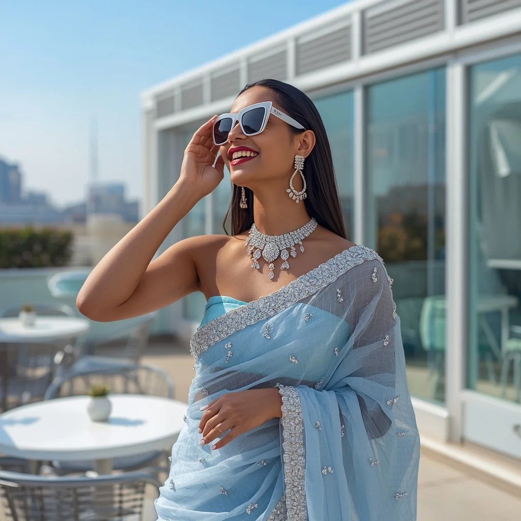 Powder Blue Designer Saree Viral Instagram Pose | Instagram Reel Ai Prompt
