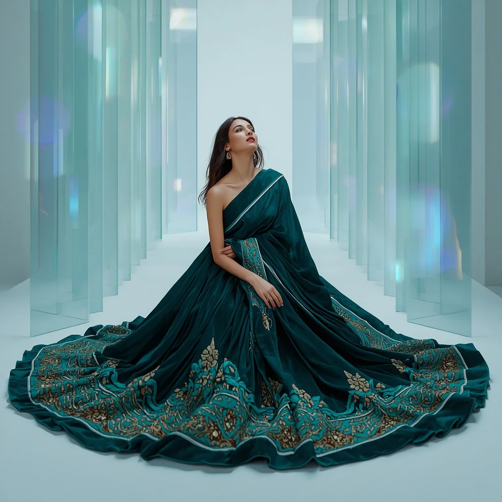 Premium High-Fashion 3D Liquid Emerald & Metallic Lotus Architecture Saree | Indian Bride Saree Ai Prompt