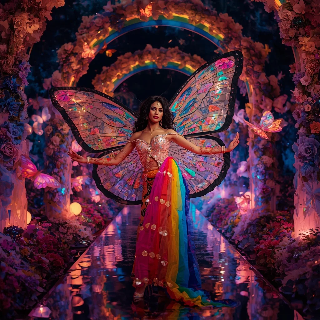 Prism Lotus Butterfly Saree – Heavy Rainbow Couture with Floral Fantasy Pose and Crystal Garden Background | Festival Prompt