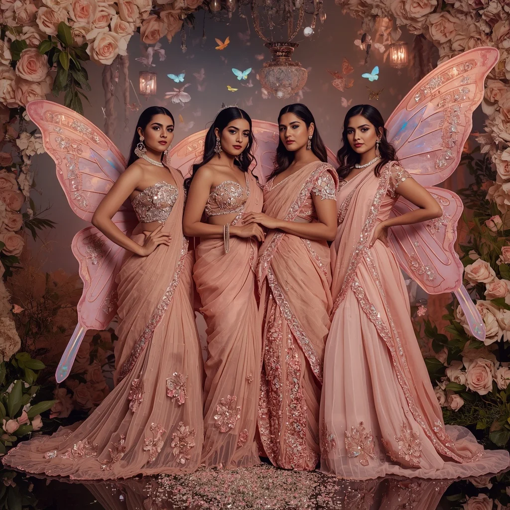 Rose Crystal Butterfly Saree Beauties with Luxury Dream Garden Background | Pre Wedding Ai Prompt
