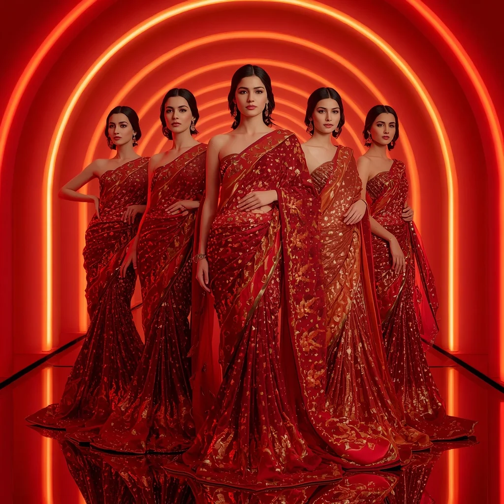 Ruby Inferno Mirage Saree with Five Couture Poses and Infinity Neon Palace | Image Prompt