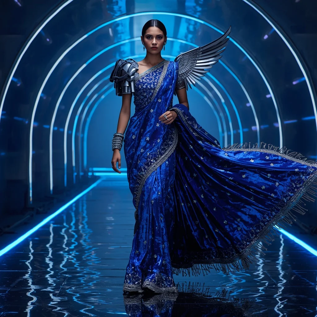 Sapphire Galaxy Reflective Saree with Floating Laser Arches | Prompt For Gemini Ai Girl In Saree 2026 Download