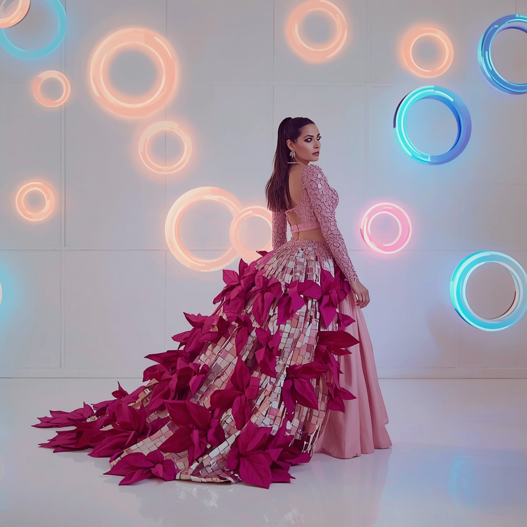 Shattered Mirror Mosaic & Thick Velvet Leaf Pastel Blush Saree | Backward Drag Stride Pose | Cute Girl Ai Prompt