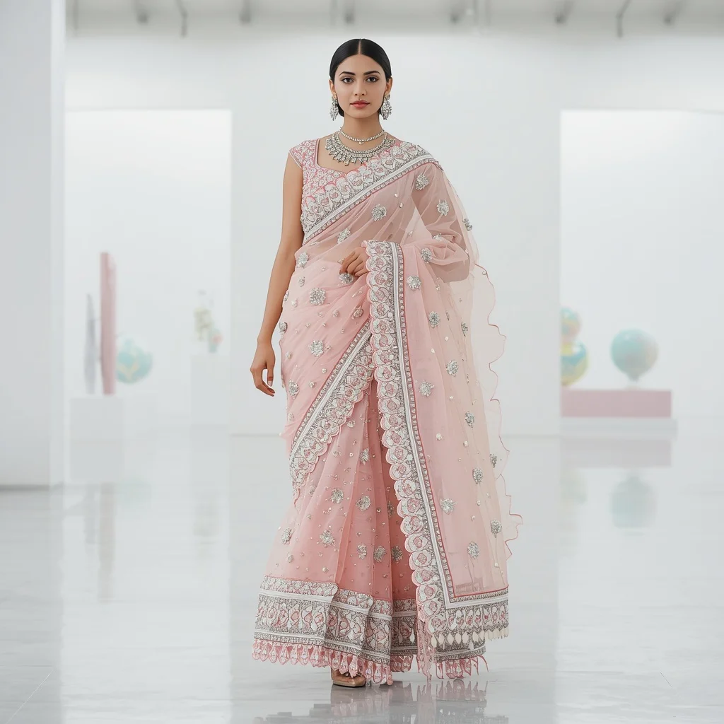 Trending Ice Pink Fancy Saree with Heavy Scalloped Mirror Work | Instagram Post Ai Prompt