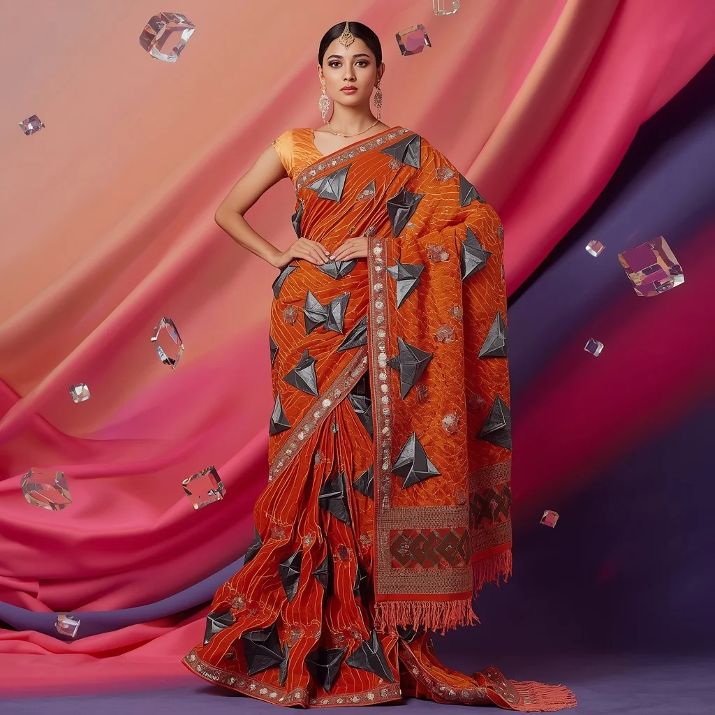 Ultra-Detailed Festival Saree: Tangerine Velvet with 3D Oxidized Silver Origami | Wedding Saree Ai Prompt