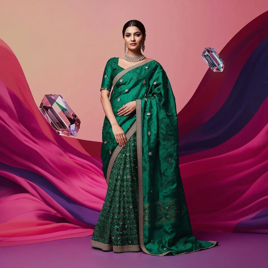 Ultra-Detailed Saree: Emerald Brocade with Solid Jade and Diamond Sculpted Pallu | Indian Girl Saree Ai Prompt 4k Realistic