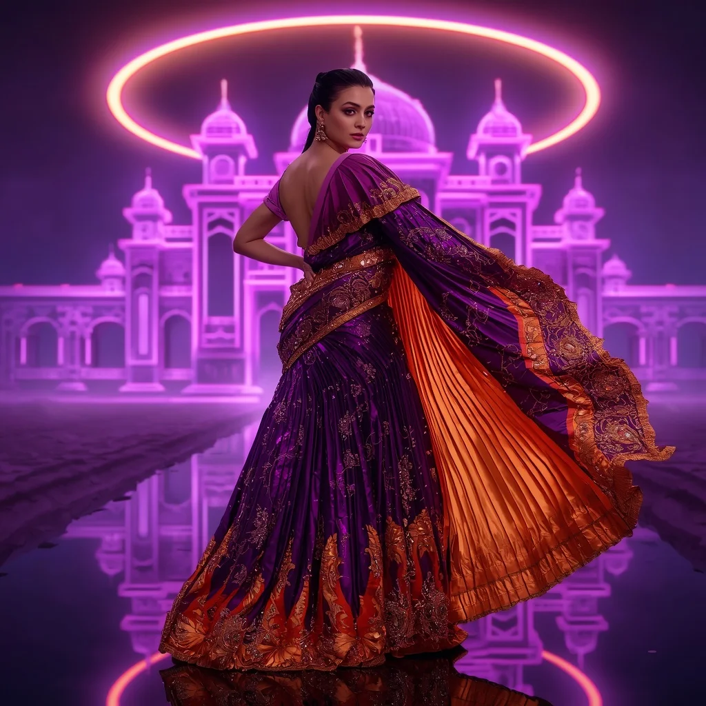 Violet Thunder Flame Saree with Floating Neon Halo Palace | Gemini Saree Prompt For Girl