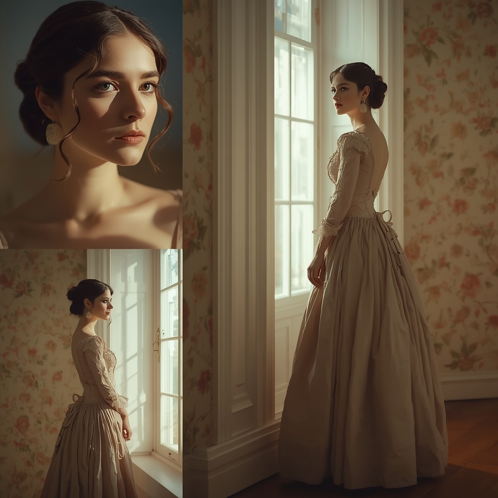 Western Regency Gown Soft Window Light Collage Cinematic Aesthetic | Creative Ai Prompt